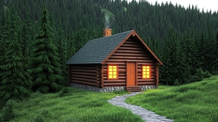 Fototapeta premium Cozy Log Cabin in Lush Forest at Dusk with Stone Path