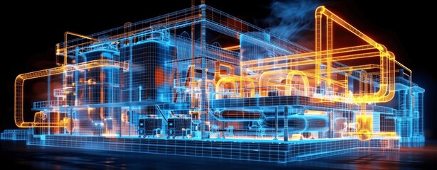 Fototapeta premium Industrial Building Piping Systems with Neon Lights and High Detail