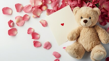 Valentine flat lay with a teddy bear, pink rose petals, and a love card, isolated on white