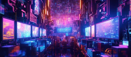 Futuristic cyberpunk city with neon lights and glowing screens.