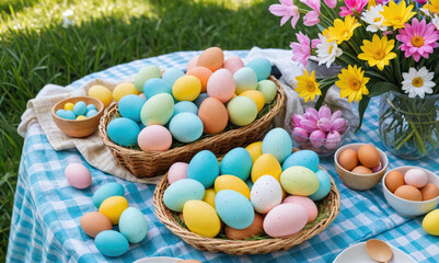 Easter eggs in pastel colors are displayed on a checkered tablecloth outdoors