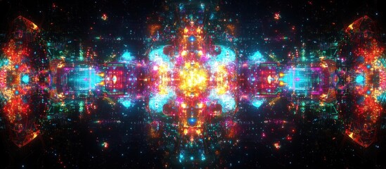 Abstract kaleidoscopic pattern with bright colors and glowing lights on black background.