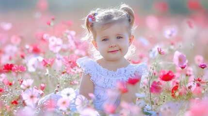 Fototapeta premium A young girl is sitting in a field of flowers, wearing a white dress