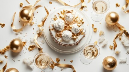 Glamorous flat lay with luxury cake, champagne glasses, and golden streamers, isolated on white background