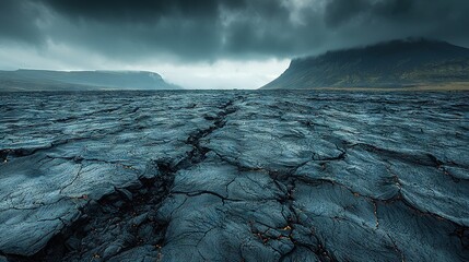   A vast expanse of water, with a majestic mountain in the background and ominous dark clouds obscuring the sky, creates a dramatic and captivating image