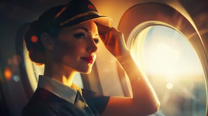 A glamorous flight attendant adjusting her hat in front of the airplane window,
