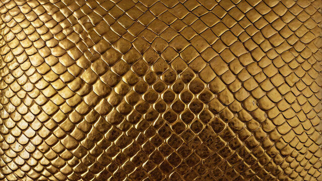 Closeup gold snake skin texture. Closeup of snake leather texture in dark gold fine scales with subtle shine and intricate pattern. Reptile skin pattern design, Eco-friendly camouflage
