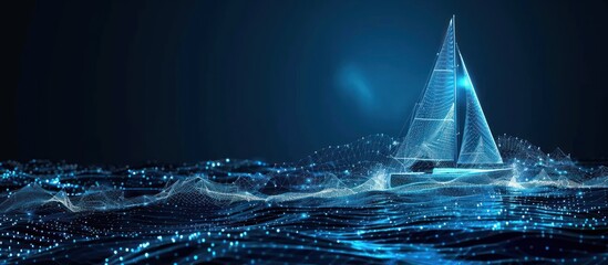 Abstract sailboat on blue water with digital wave effect.