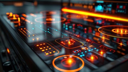 Fototapeta premium Futuristic control panel with glowing buttons and dials.