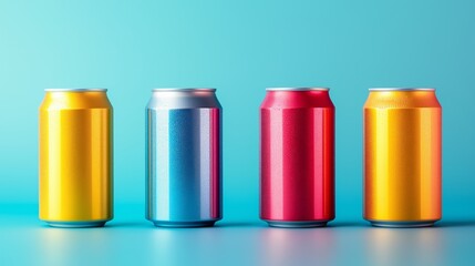 Fototapeta premium Group of colorful aluminum soda cans on blue background with copy space.
