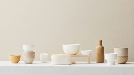   A table adorned with numerous white bowls and vases is positioned alongside two bottles of wine