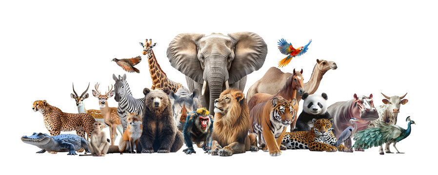 Fototapeta Panoramic poster of different wild animals compilation on white background, Generative AI image.