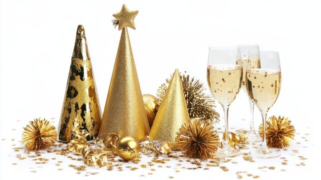 Lavish New Year Eve flat lay with golden party hats, sparkling wine glasses, and confetti, isolated on white