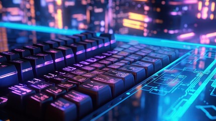 Obraz premium Futuristic keyboard with glowing keys against a city background.