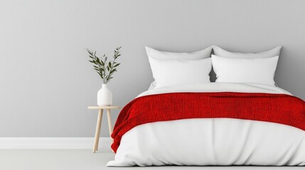 Minimalist Bedroom Interior Design with White Bed and Red Throw Blanket