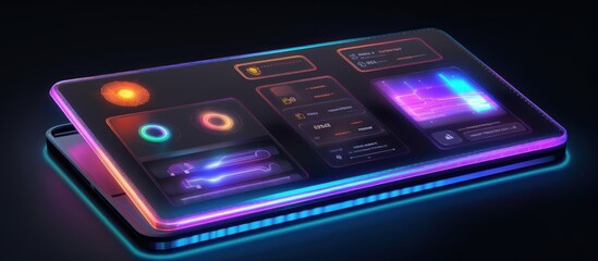 Futuristic mobile phone screen with neon glowing lights and interface.