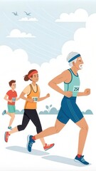 People Running in a Marathon on a Sunny Day in a Flat Vector Illustration. Generative AI