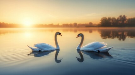 Fototapeta premium A pair of elegant swans gliding across a peaceful lake,