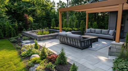 Obraz premium A modern patio with a pergola, a fire pit, and a small pond surrounded by lush greenery.