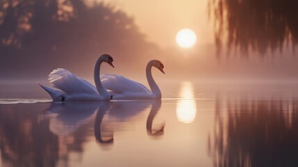 Fototapeta premium A pair of elegant swans gliding across a peaceful lake,