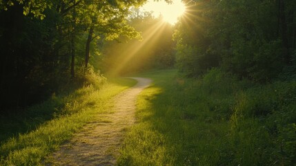 Sunlight illuminates a serene pathway in nature's embrace