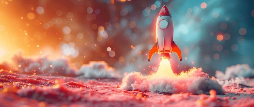 Cartoon Rocket Launching into Pastel Sky for Innovation and Startup Concepts