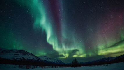 Northern Lights Over Snowy Mountain Landscape. Stunning aurora borealis with green and purple hues dancing over a serene snowy mountain landscape under a starry night sky.
