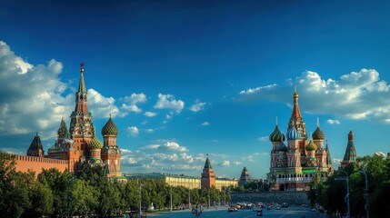 A serene view of the Kremlin and Saint Basil Cathedral in Moscow, with their colorful