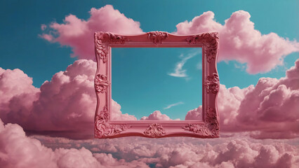 Pink Frame with Clouds Against Sky. A pink ornate frame surrounds fluffy pink clouds in the sky, creating a surreal, dreamy atmosphere in the open sky.

