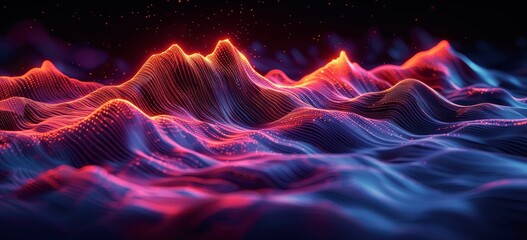 Bright Gradient Data Visualization Mountains with Digital Waves and Geometric Shapes