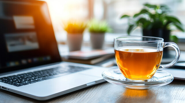 warm cup of tea sits beside open laptop on wooden desk, surrounded by greenery. minimalist workspace exudes calm and productive atmosphere, perfect for freelancers