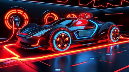 A futuristic sports car illuminated by neon lights in a high-tech environment.