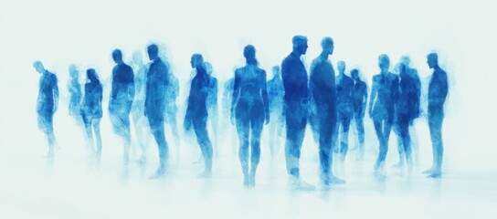 Abstract blue human silhouettes, a group of people standing in a row, isolated on a white background. A business team or community concept. 