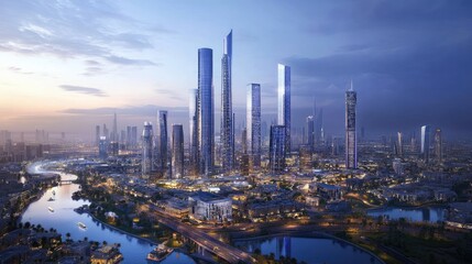 Naklejka premium Dubai city 3d concept background. amazing city center skyline with luxury skyscrapers at sunrise 