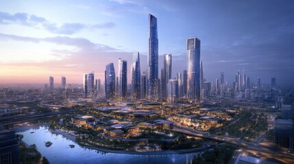 Fototapeta premium Dubai city 3d concept background. amazing city center skyline with luxury skyscrapers at sunrise 
