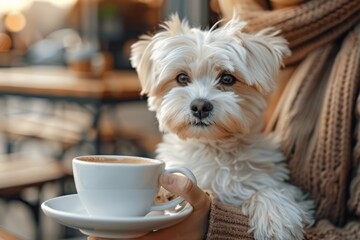 Adorable Dog Enjoying Coffee with Owner at Outdoor Cafe