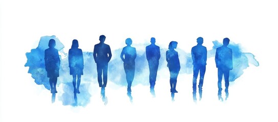 Obraz premium Blue vector illustration of people standing in a row, a business team or group on a white background. Abstract human silhouettes. 