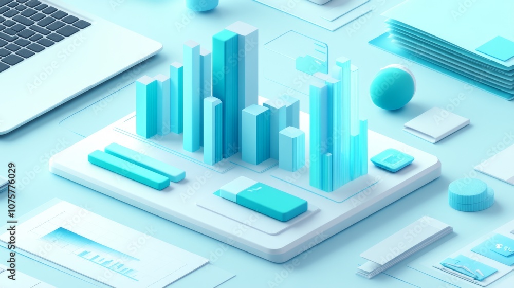 Aufkleber Modern Digital Data Analytics with 3D Graphs, Light Blue Color Palette, and Office Desk Elements for Business Insights and Reports