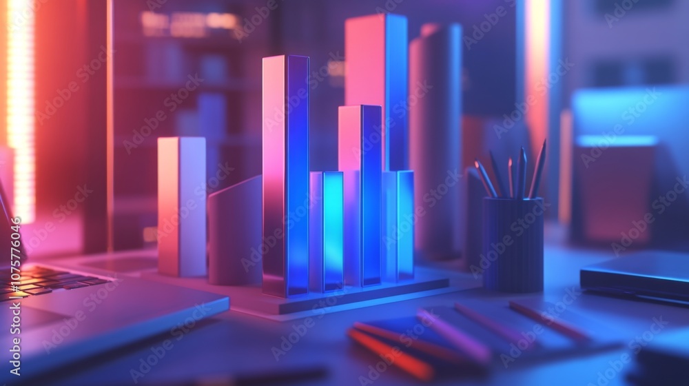 Aufkleber Colorful Abstract Data Visualization with 3D Graphs on a Modern Workspace Desk Against a Blurred Background of Office Technology and Supplies