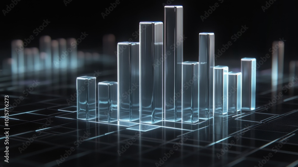 Poster futuristic data visualization with transparent glass bars displaying statistical trends in a high-te