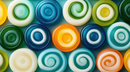   Close-up of various colored doughnuts with swirls on each one