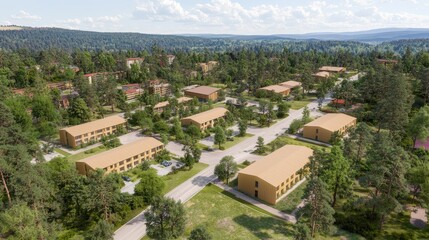 Aerial View of Modern Residential Development in Forest Setting