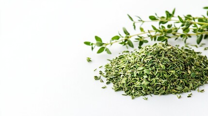 Obraz premium A sprinkle of alfalfa sprouts adjacent to an alfalfa twig on a pristine surface