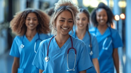 Group of Diverse Female Student Nurses in Blue Scrubs Smiling on Hospital Campus