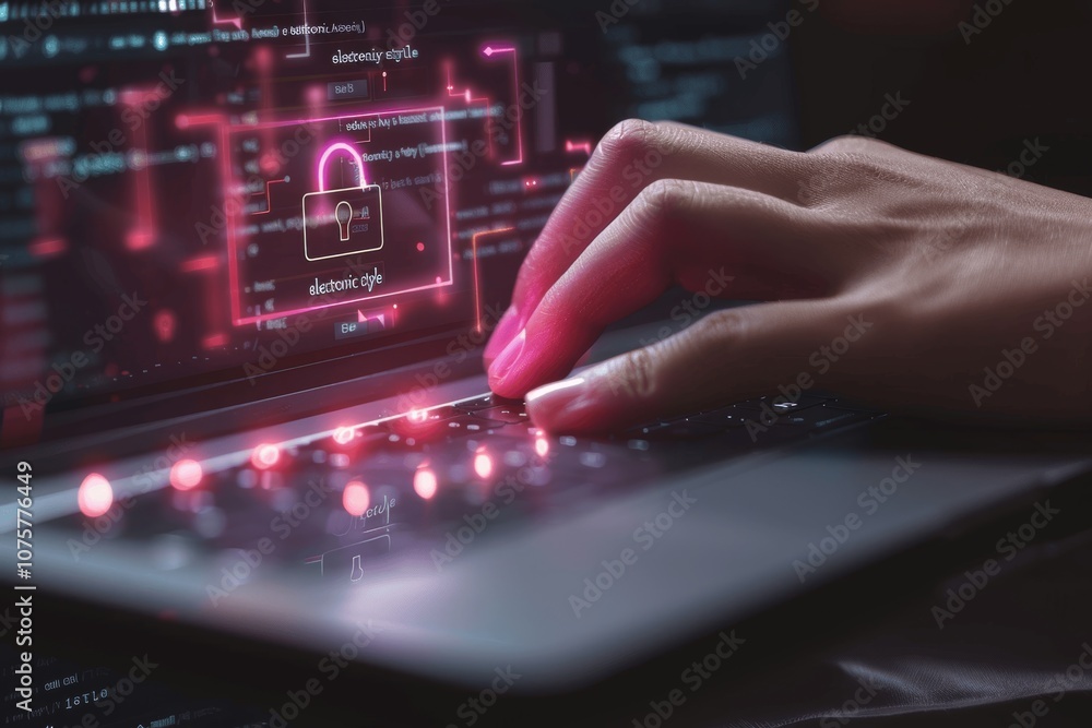 Aufkleber hand typing on laptop keyboard with hologram padlock security data protection cyber technology