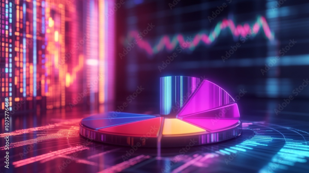 Poster colorful 3d pie chart on a digital background with graphs and data visualizations representing busin