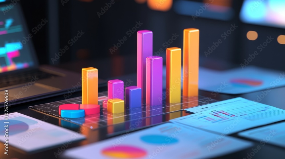 Aufkleber Colorful 3D Bar and Pie Charts Displayed on a Dark Desktop, Representing Data Analysis and Business Growth in a Modern Workspace with Laptops and Reports