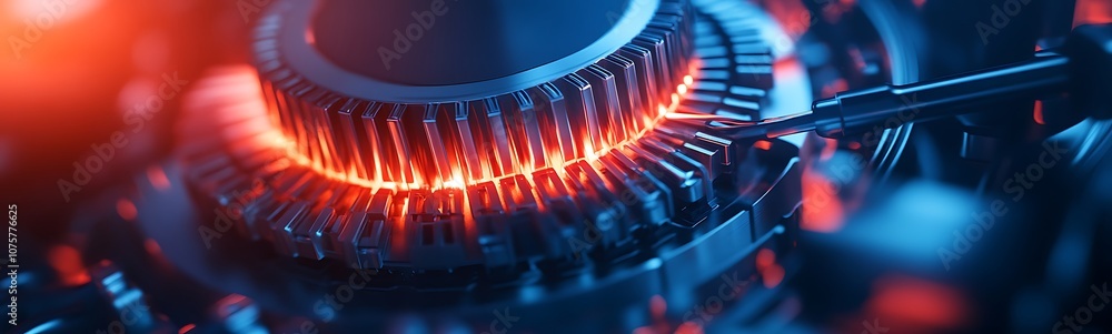 Poster a close-up view of a complex mechanical component, featuring glowing red accents and intricate desig