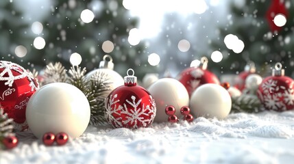 White Christmas background with Christmas balls and 3D decorations, Christmas celebration concept.