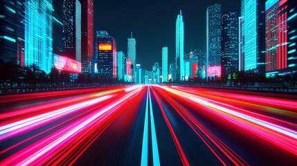 Obraz premium Futuristic City Night Lights Highway Speed Lines Neon Cyberpunk